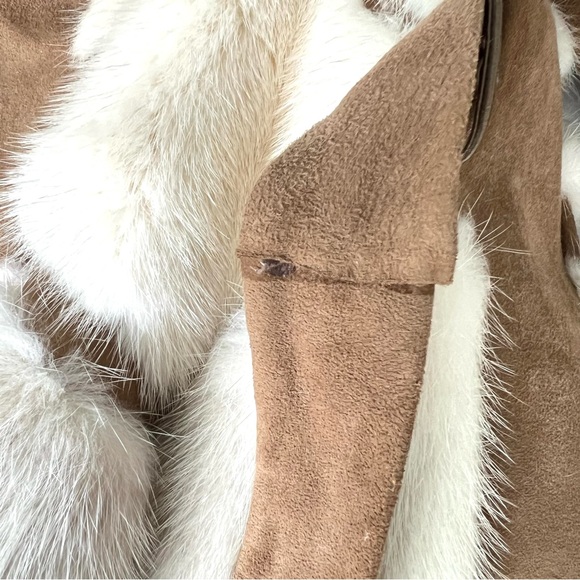 Genuine Geometric Cream w Light Gray Mink Tan Faux Suede Mid Jacket Coat Sz XS-M - Picture 14 of 15